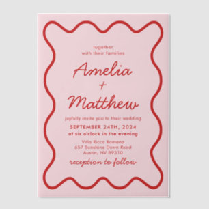 Modern Wavy Pink and Red Retro Squiggle Wedding Vellum Invitations