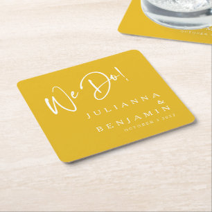 Modern We Do Elegant Custom Saffron Yellow Wedding Square Paper Coaster