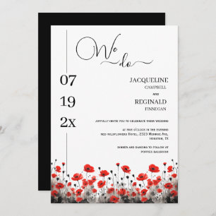 Modern We Do Minimalist Floral Red Black Wedding Invitation