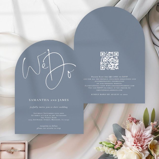 Modern We Do Script Dusty Blue QR Code Wedding Invitation (Front and back view)
