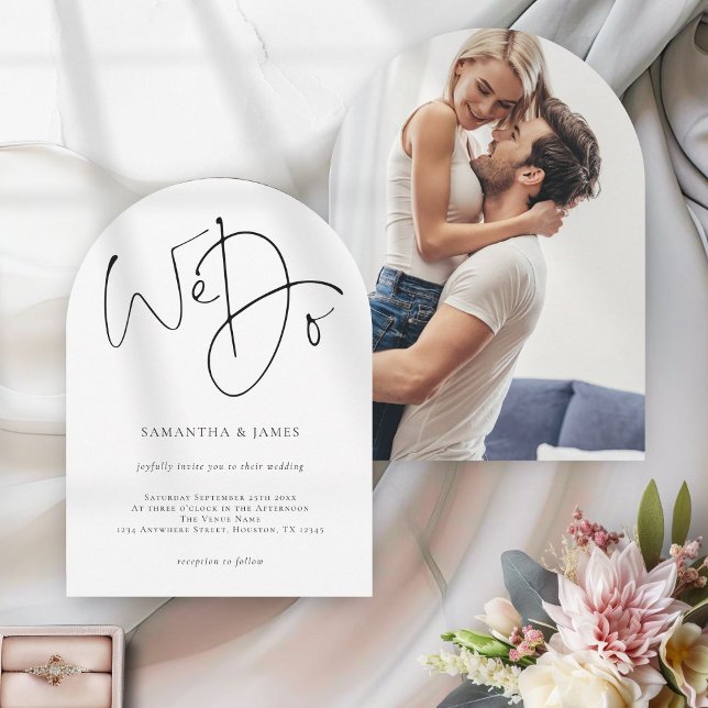 Modern We Do Script Photo Wedding Arch Invitation (Front and back view)