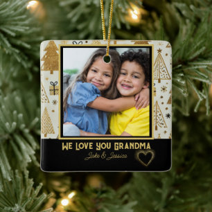 Modern We Love you Grandma Black and Gold Ceramic Ornament