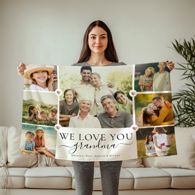 Modern We Love You Grandma Family Photo Collage Fleece Blanket (Creator Uploaded)