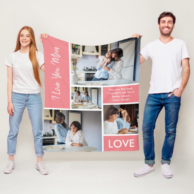 Modern We Love You Pink Photo Collage Fleece Blanket (In Situ)