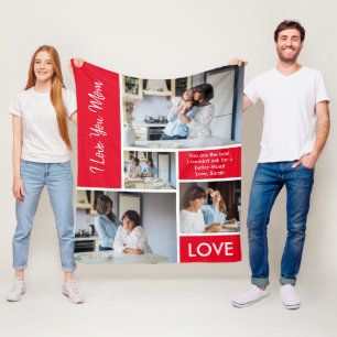 Modern We Love You Red Photo Collage Fleece Blanket