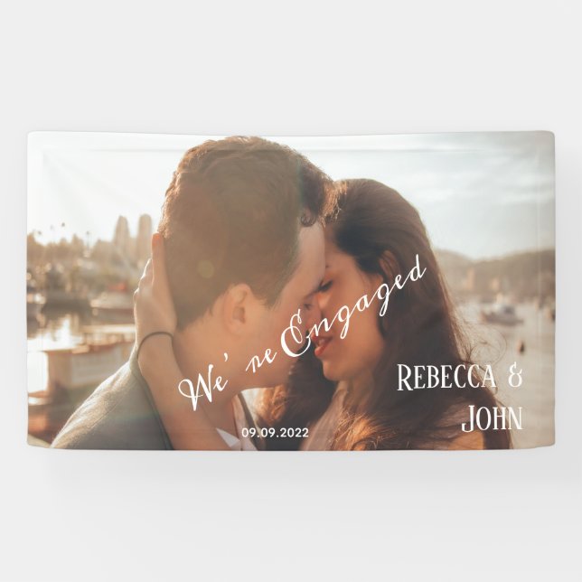 Modern We’re Engaged Party Photo Script Backdrop Banner (Horizontal)