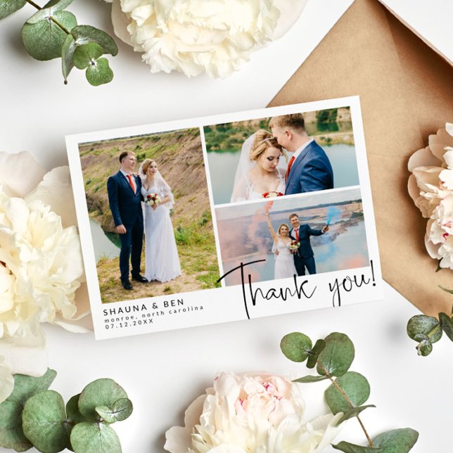 Modern Wedding 3 Photo Collage Thank You Card (Creator Uploaded)