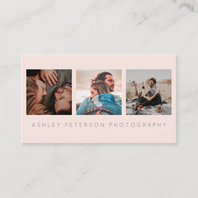 Modern wedding 3 photography minimal blush pink business card (Front)