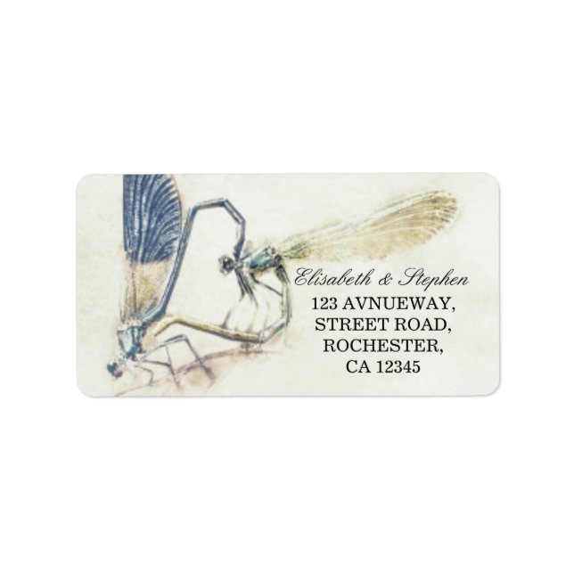 Modern Wedding Address Dragonfly Mating Love Heart Label (Front)