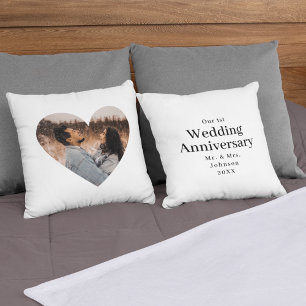 Modern Wedding Anniversary Heart Photo Mr Mrs Cushion