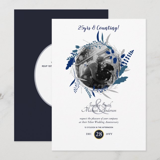 Modern Wedding Anniversary PHOTO Blue Wreath Invitation (Front/Back)
