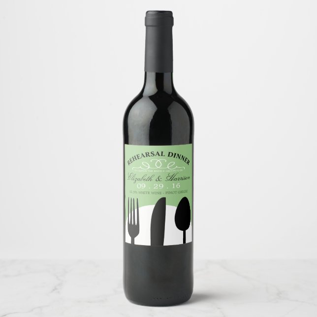 Modern Wedding Black Cutlery Rehearsal Dinner Wine Label (Front)