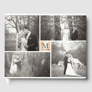 Modern Wedding Bronze Monogram 4 Photo Collage Guest Book