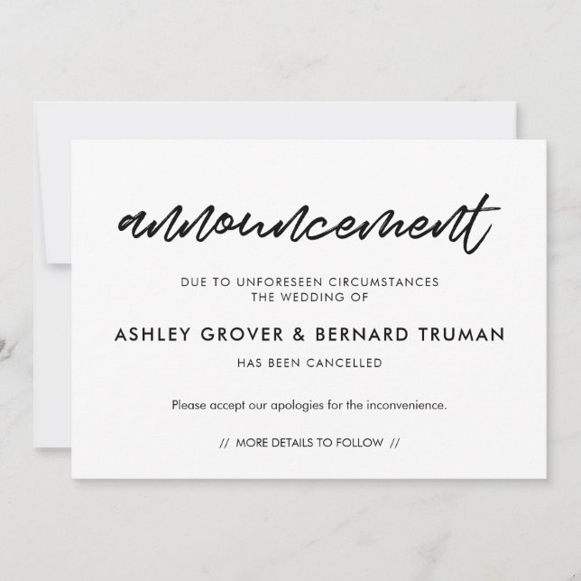 Modern Wedding cancellation announcement card (Front)