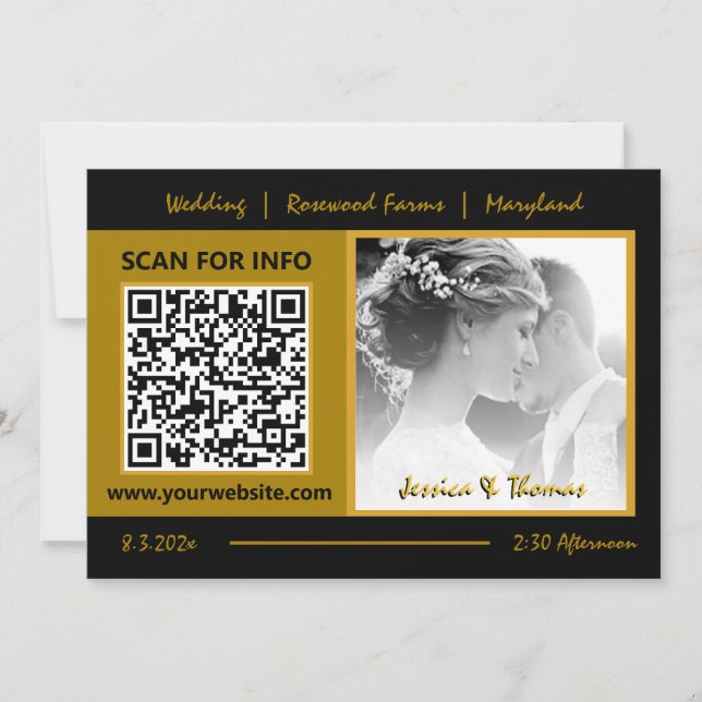 Modern Wedding Card, QR Code, Photo, Black / Gold Invitation (Front)