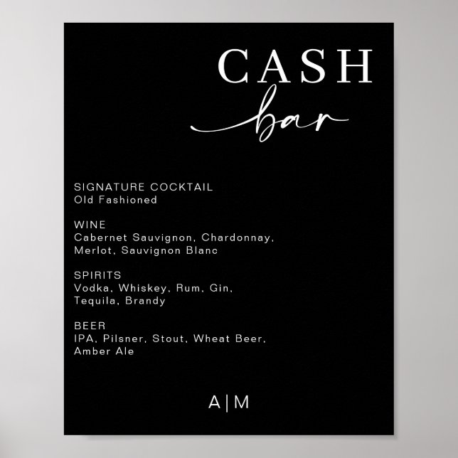 Modern Wedding Cash Bar | Bar Drink Menu Sign (Front)