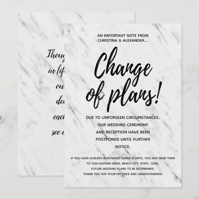 Modern Wedding Change of Plans Postponed Cancelled Invitation (Front/Back)