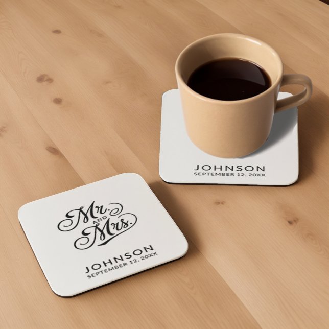 Modern Wedding Classic Black and White Mr & Mrs Square Paper Coaster (Creator Uploaded)