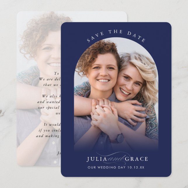 MODERN WEDDING couple photo arch calligraphy navy Invitation (Front/Back)