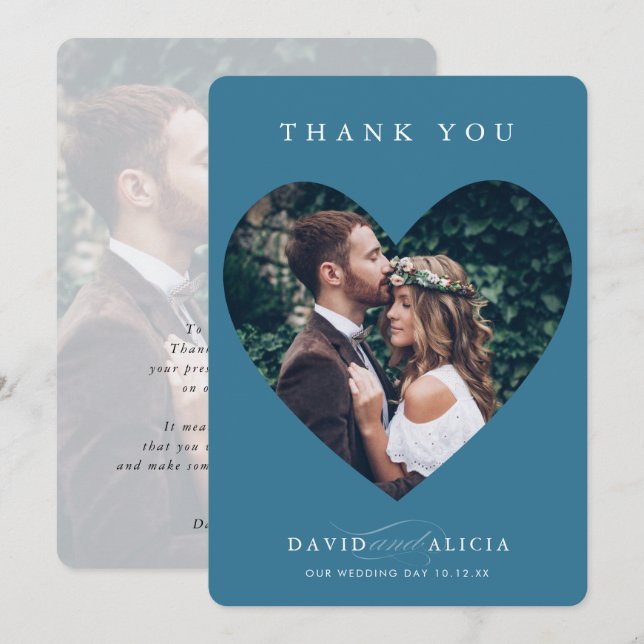 MODERN WEDDING couple photo heart frame denim blue Invitation (Front/Back)