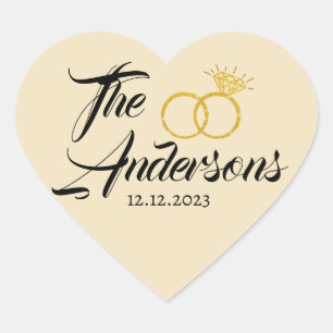 Modern Wedding Couple Ring Favour Name Date Golde Heart Sticker
