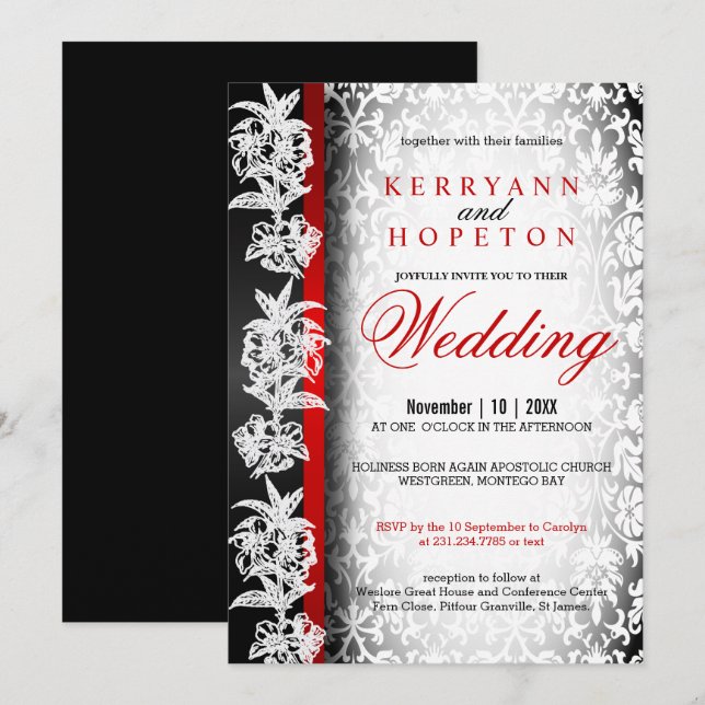 Modern Wedding Damask in White, Black and Red Invi Invitation (Front/Back)