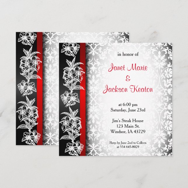 Modern Wedding Damask in White, Black and Red Invitation (Front/Back)