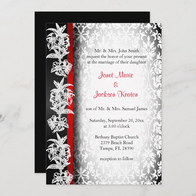 Modern Wedding Damask in White, Black and Red Invitation (Front/Back)