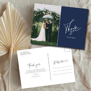 Modern Wedding Day Photo Thank You   Navy Blue Postcard