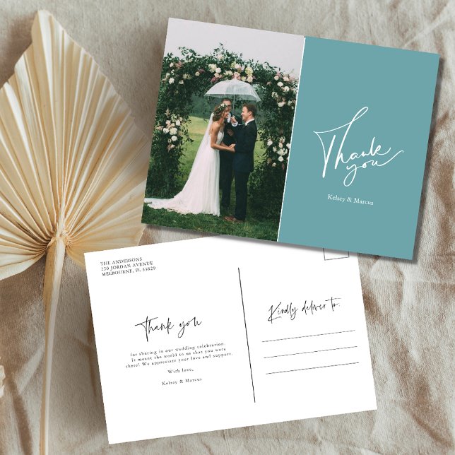 Modern Wedding Day Photo Thank You | Teal  Postcard (Creator Uploaded)