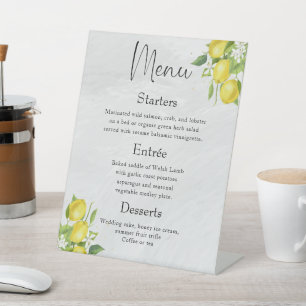 Modern Wedding Dinner Menu Watercolor Lemons Pedestal Sign
