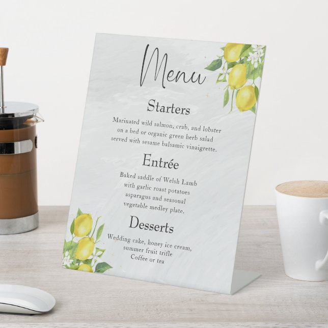 Modern Wedding Dinner Menu   Watercolor Lemons Pedestal Sign (In SItu)