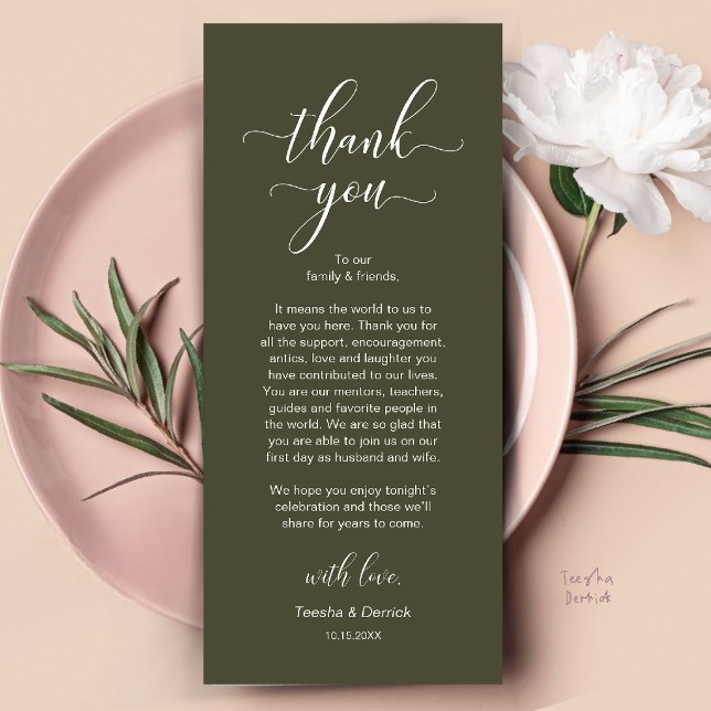 Modern Wedding Dinner Place Setting Thank You Card (Modern Wedding Dinner Place Setting Thank You Card in Olive Green)