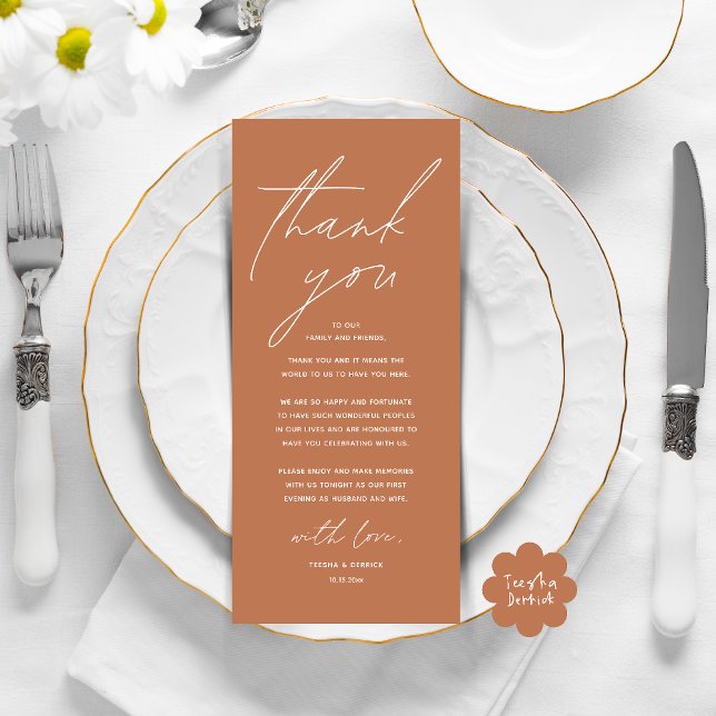 Modern Wedding Dinner Place Setting Thank You Card (Modern Wedding Dinner Lunch Brunch Celebration Place Setting Thank You Card in Copper Brown)