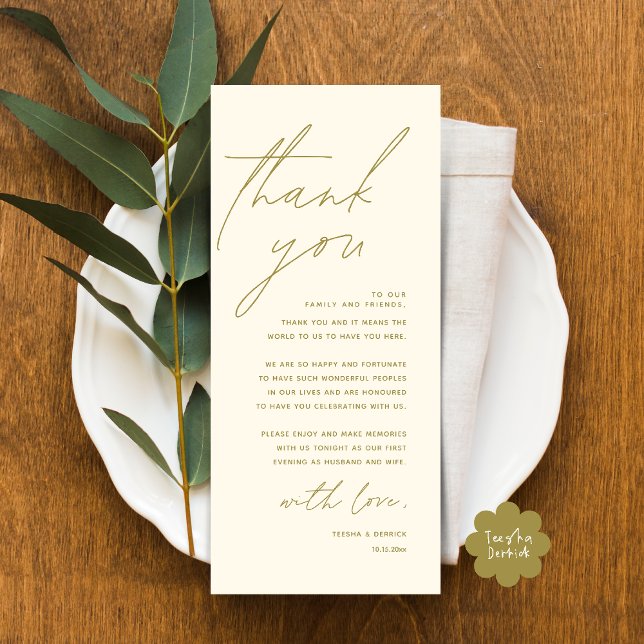 Modern Wedding Dinner Place Setting Thank You Card (Modern Wedding Dinner Lunch Brunch Celebration Place Setting Thank You Card in Yellow Gold)