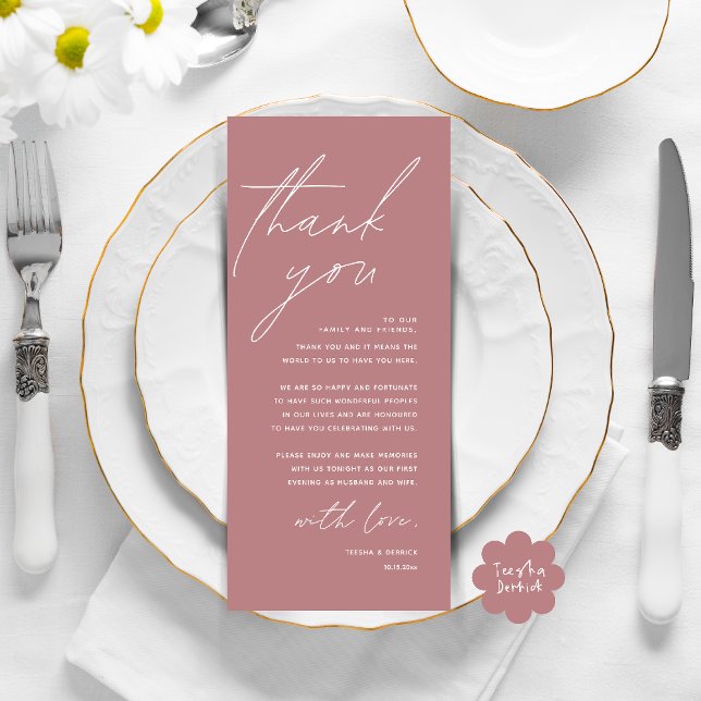 Modern Wedding Dinner Place Setting Thank You Card (Modern Wedding Dinner Lunch Brunch Celebration Place Setting Thank You Card in Dusty Rose Pink)