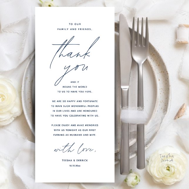 Modern Wedding Dinner Place Setting Thank You Card (Modern Wedding Dinner Place Setting Thank You Card Reception Brunch Lunch in navy Blue)