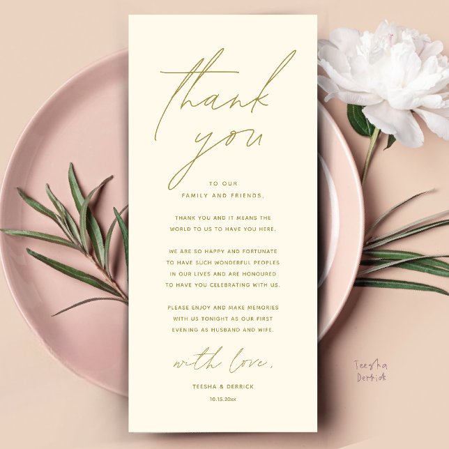 Modern Wedding Dinner Place Setting Thank You Card (Modern Wedding Dinner Place Setting Thank You Card Reception Brunch Lunch in Warm Yellow Gold)