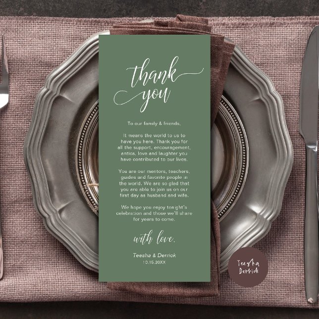 Modern Wedding Dinner Place Setting Thank You Card (Modern Wedding Dinner Place Setting Thank You Card in sage green)