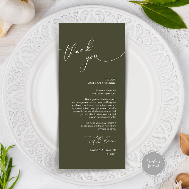 Modern Wedding Dinner Place Setting Thank You Card (Modern Wedding Dinner Place Setting Thank You Card, in olive green)