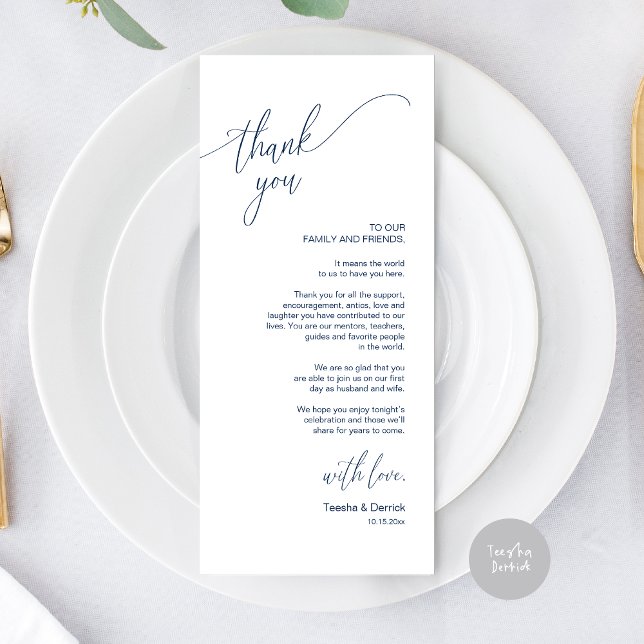 Modern Wedding Dinner Place Setting Thank You Card (Modern Elegant Wedding Dinner Place Setting Thank You Card, in Navy Blue)