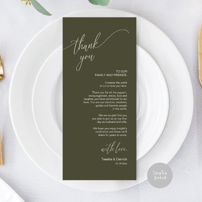 Modern Wedding Dinner Place Setting Thank You Card (Modern Elegant Wedding Dinner Place Setting Thank You Card, in Olive Green)