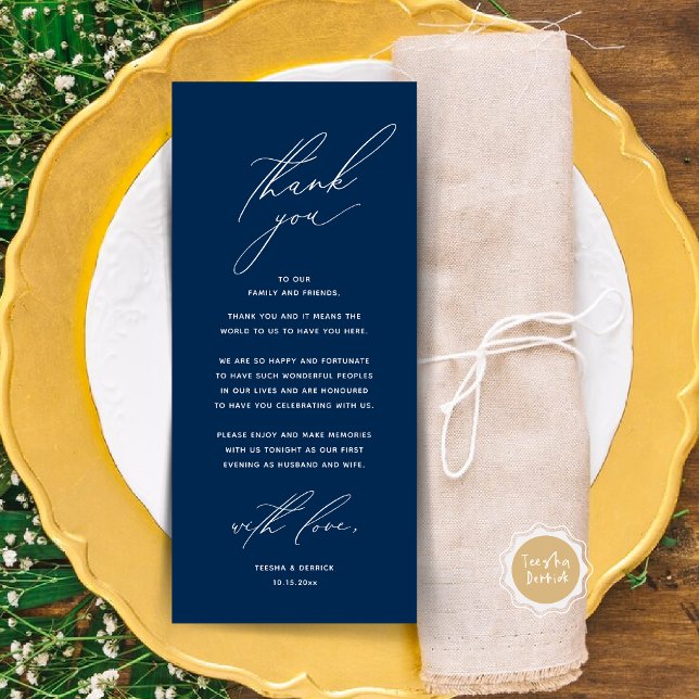 Modern Wedding Dinner Place Setting Thank You Card (Modern Wedding Dinner Place Setting Thank You Card, Minimalist Navy Blue)