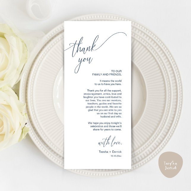 Modern Wedding Dinner Place Setting Thank You Card (Modern Wedding Dinner Brunch Place Setting Thank You Card romantic in aesthetic classy navy blue)