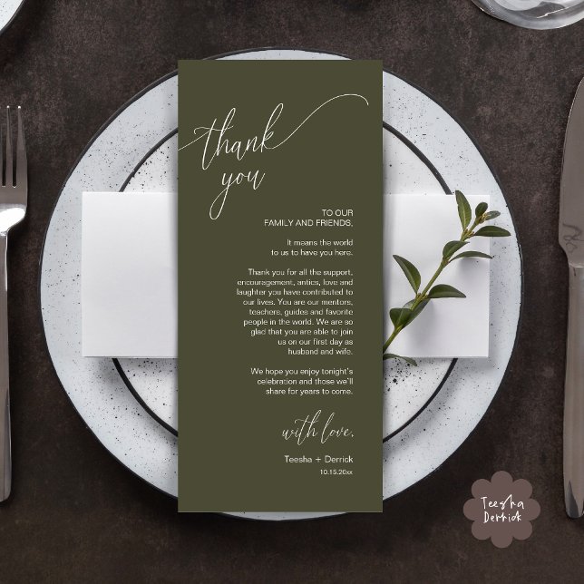 Modern Wedding Dinner Place Setting Thank You Card (Modern Wedding Dinner Brunch Place Setting Thank You Card romantic in aesthetic rustic Olive Green)