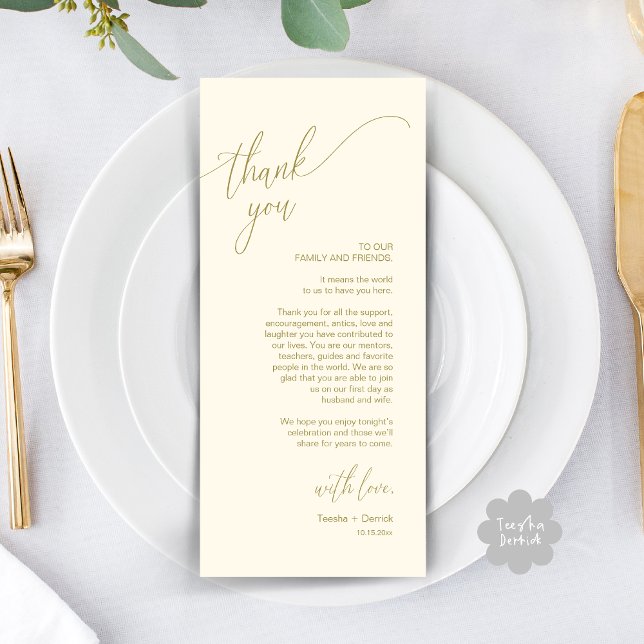 Modern Wedding Dinner Place Setting Thank You Card (Modern Wedding Dinner Brunch Place Setting Thank You Card romantic in aesthetic Yellow Gold)