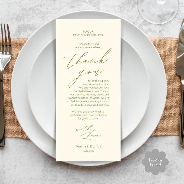 Modern Wedding Dinner Place Setting Thank You Card (Modern Minimalist Wedding Dinner Place Setting Thank You Card in aesthetic yellow gold)