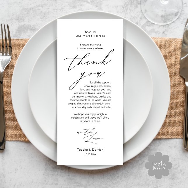 Modern Wedding Dinner Place Setting Thank You Card (Modern Minimalist Wedding Dinner Place Setting Thank You Card in Black White)
