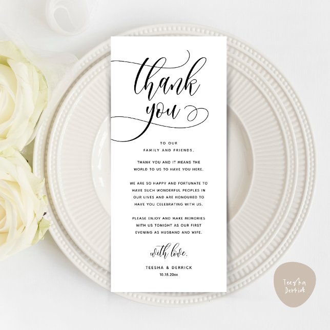 Modern Wedding Dinner Place Setting Thank You Card (Wedding Dinner Place Setting Thank You, Welcome and Thanks Card, in Classy White Black)