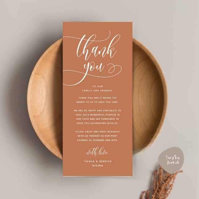 Modern Wedding Dinner Place Setting Thank You Card (Wedding Dinner Place Setting Thank You, Welcome and Thanks Card, in Classy Copper Brown)